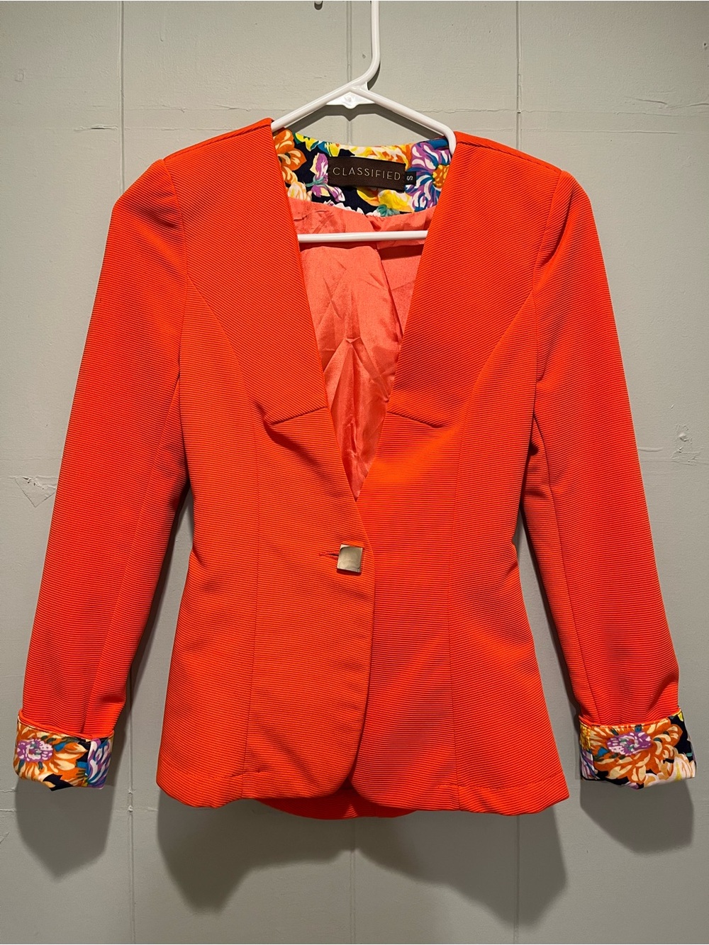 Classified Bright Orange Floral-Trim Blazer NWOT